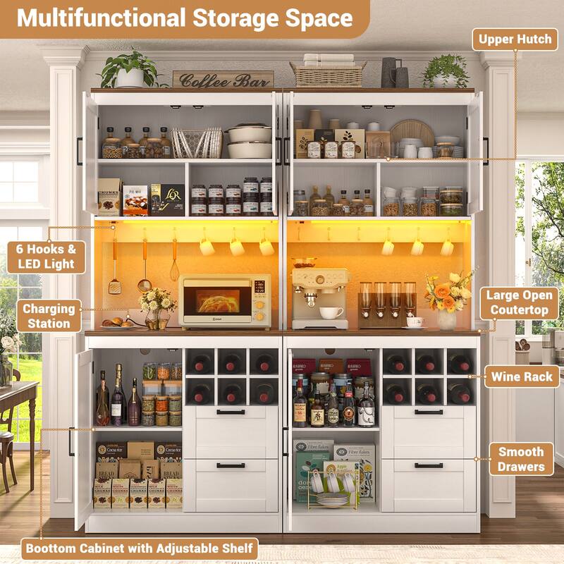 Farmhouse 72" Tall Kitchen Pantry Cabinet with Charging Station, Coffee Bar Cabinet with Hutch and LED Light