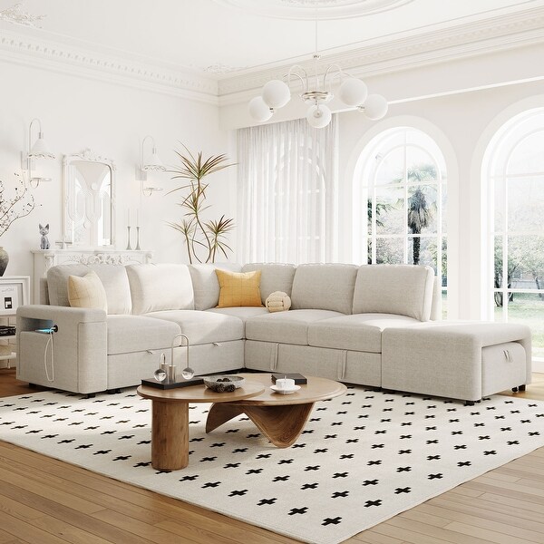 L Shaped Sectional Set Sleeper Sofa Bed Living Room Recliner Sofa with Storage Hidden Cup Holder USB Port Removable Ottoman On Sale Bed Bath Beyond 40683249