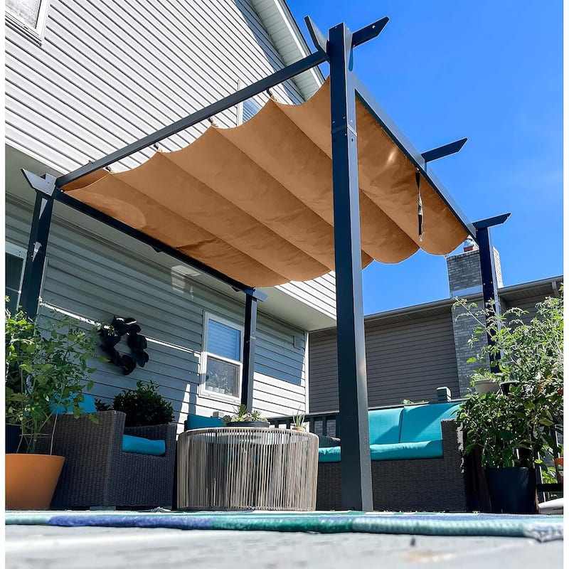 PURPLE LEAF Gazebo Outdoor Retractable Aluminium Grape Trellis Pergola w Extra Top Roof for Patio - 10ft x 10ft - Khaki Canopy