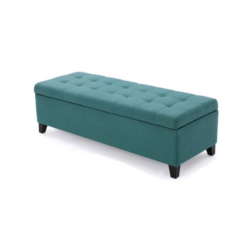 Nira Storage Ottoman Bench, Button Tufted Teal Blue Fabric, 51 Inch
