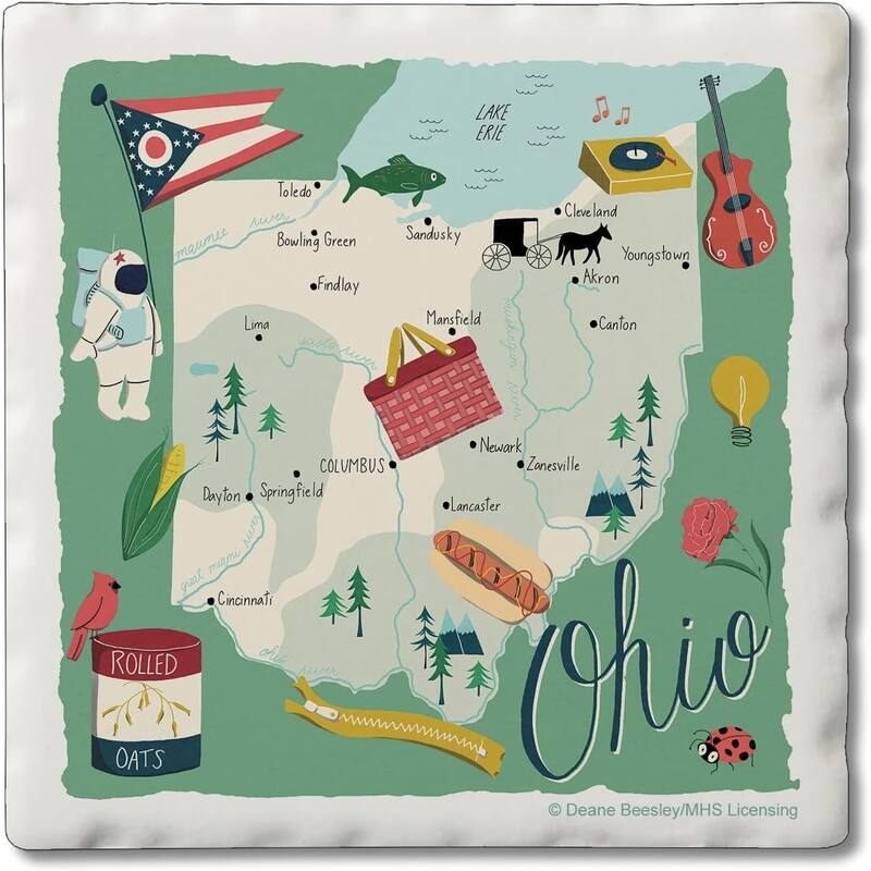 Ohio 4-Pack Absorbent Stone Coasters with Protective Cork Backing 4" Square Manufactured in The USA Artistic Easily Wipes Clean - Multi