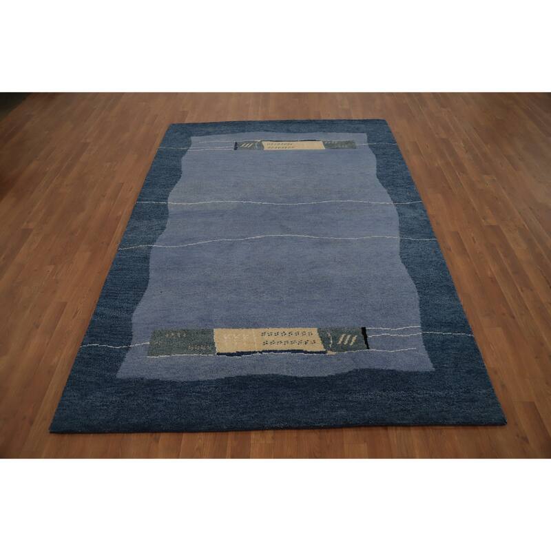 Hand Knotted Oriental 100% Wool Carpet Modern Bordered Navy Blue & Blues Gabbeh Area Rug - 7' 10'' X 5' 8''