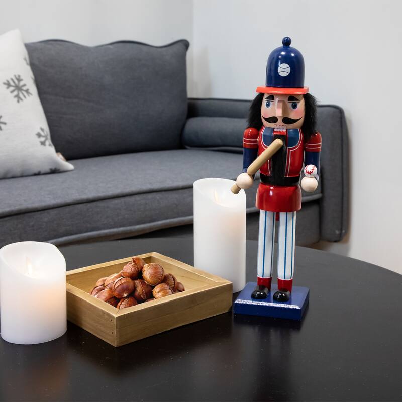 14" Red and Blue Wooden Christmas Nutcracker Baseball Player