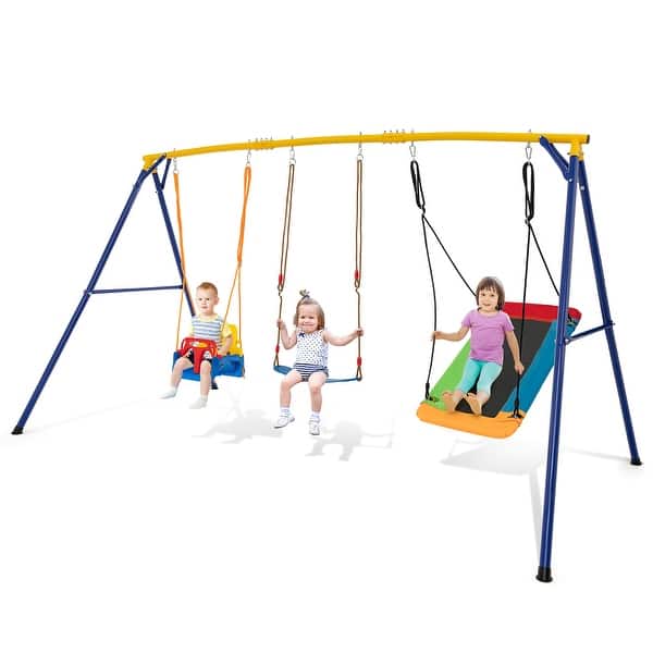 slide 2 of 10, Gymax 3-in-1 Kids Swing Set 660 LBS Carbon Steel Swing Frame w/ Belt Yellow+Blue - Kids