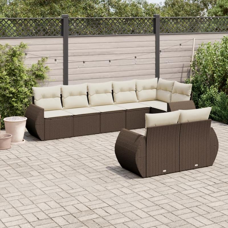 vidaXL Patio Sofa Set with Cushions Outdoor Conversation Furniture Poly Rattan - Brown and cream without table - 24.4 x 28.0 x 27.2