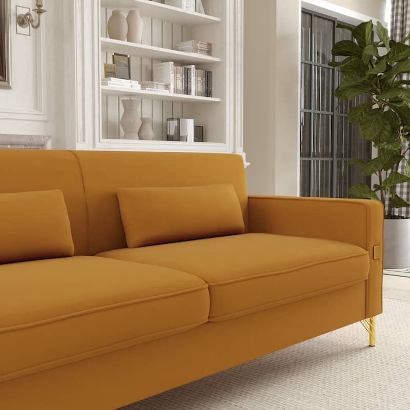 Orange Modern 85.63" Velvet 3-seater Sofa with Gold Accents and Plush Cushions for Living Room