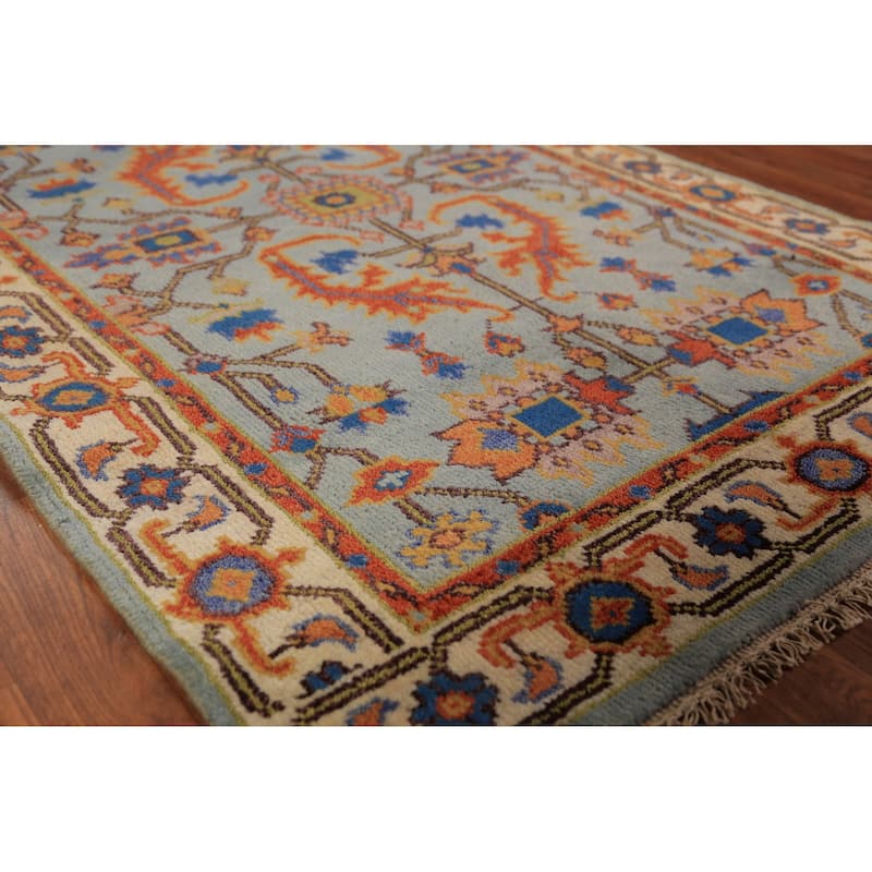 Floral Blue Oushak Oriental Rug Handmade Wool Carpet - 3'10"x 6'0"