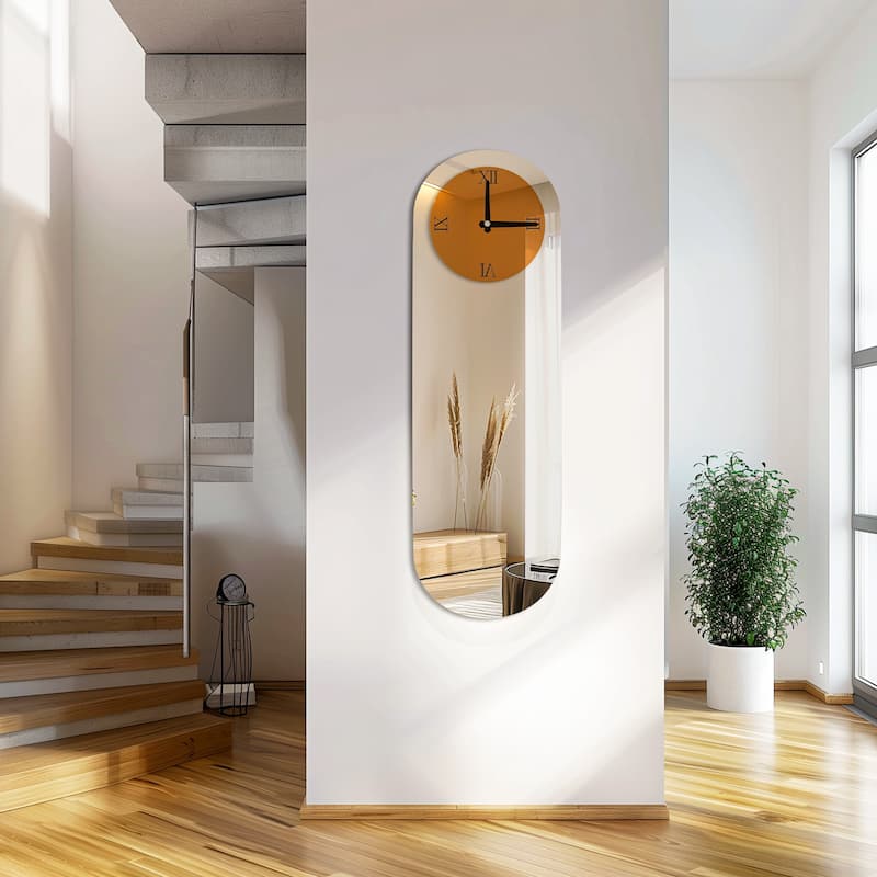 Large Wall Clock Mirror Finish Minimalist Long Oval for Living Room
