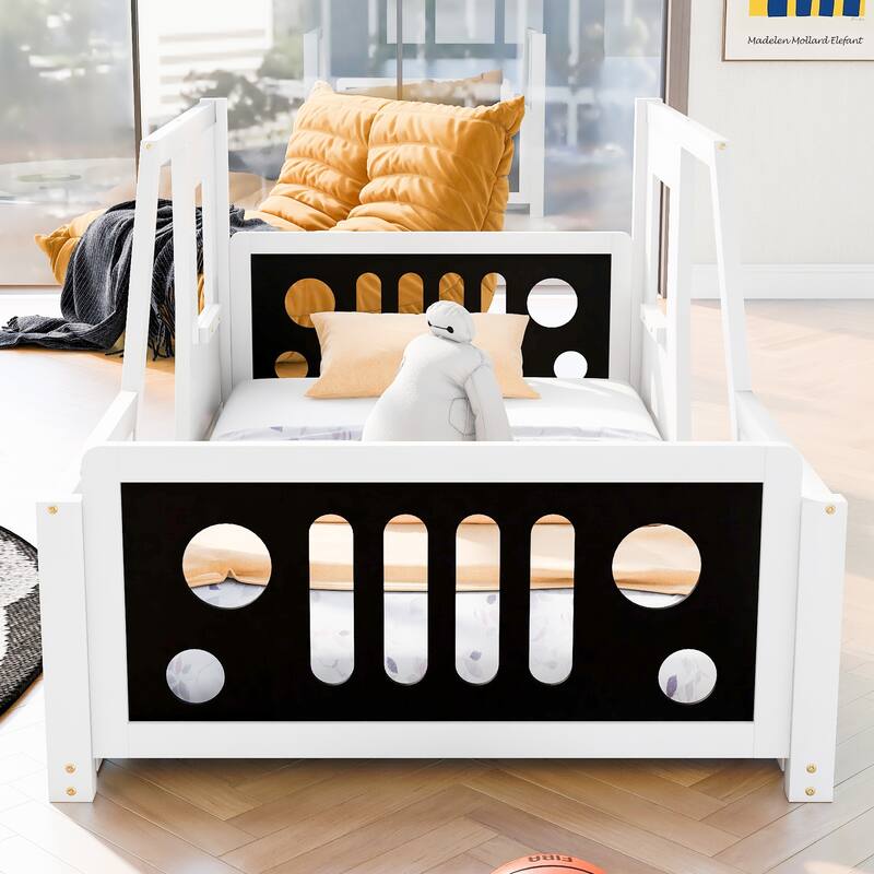 Twin/Full Size Classic Car-Shaped Bed Frame with Wheels, Pine Wood and MDF, Kids' Platform Bed with No Box Spring Required