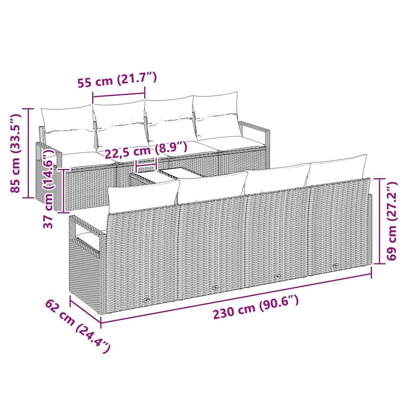 vidaXL 9 Garden Sofa Set with Cushions Black Poly Rattan - 90.6 x 24.4 x 27.2