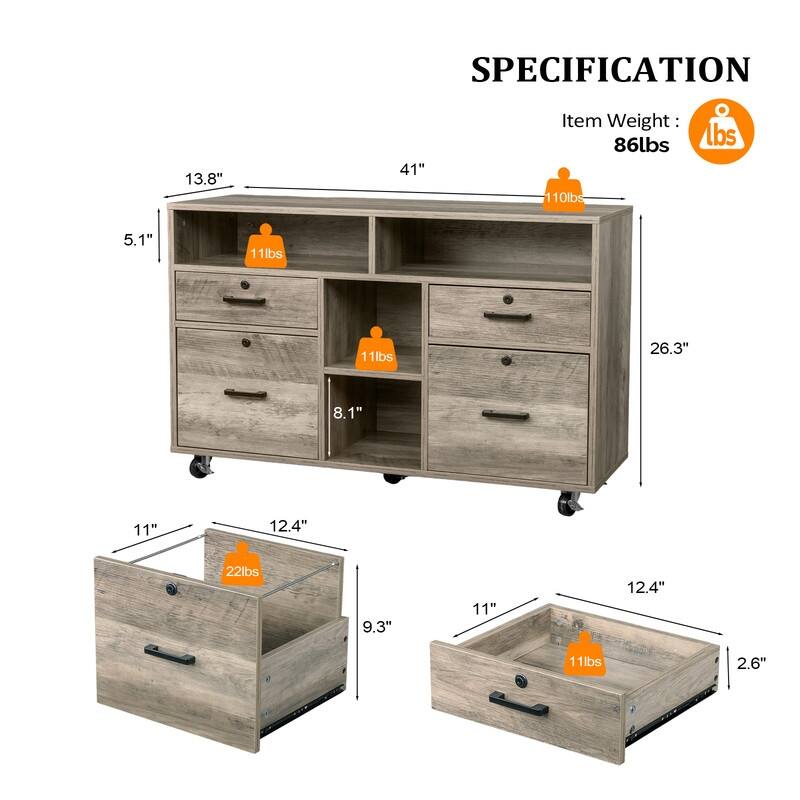 File Cabinet 4 Drawer Wood Mobile Lockable Rolling with Shelves