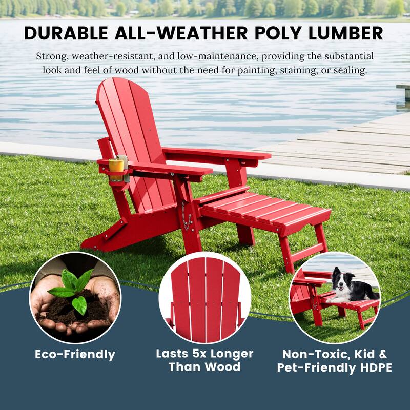 Laguna Outdoor Folding Adjustable Adirondack Chair with Cup Holder & Hideaway Ottoman (Set of 2)