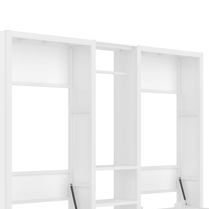 Twin Size Double Murphy Bed Wall Bed, Wooden Foldable Murphy Bed Frame with Wardrobe, Shelves and Charging Station