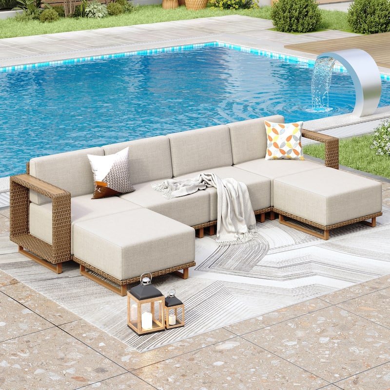 MAISON ARTS 6-Piece Modular Arc Rattan Sofa Set - Wide Armrests & Thick Cushions | Durable PE Wicker & Wood-Plastic. -  Durable PE Wicker & Wood-Plastic.|B.