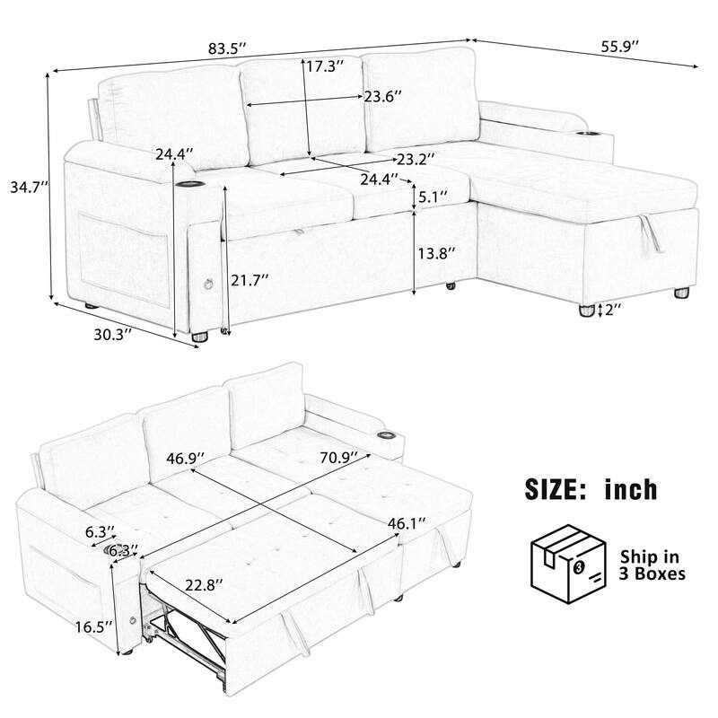 L-Shaped Convertible Sofa Bed with Reversible Chaise Lounge, Chenille Fabric Sectional Sofa with 2 Cup Holders & 2 USB Ports - Black