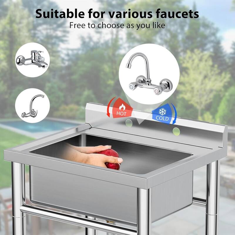 Commercial Kitchen Free Standing Single Bowl Utility Sink - 21 x 21 x 33inch with Faucet