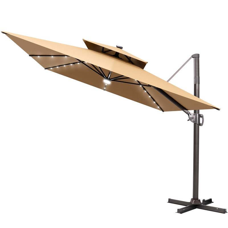 9 FT x 11 FT Outdoor Double Top LED Lighted Patio Cantilever Umbrella - Tan
