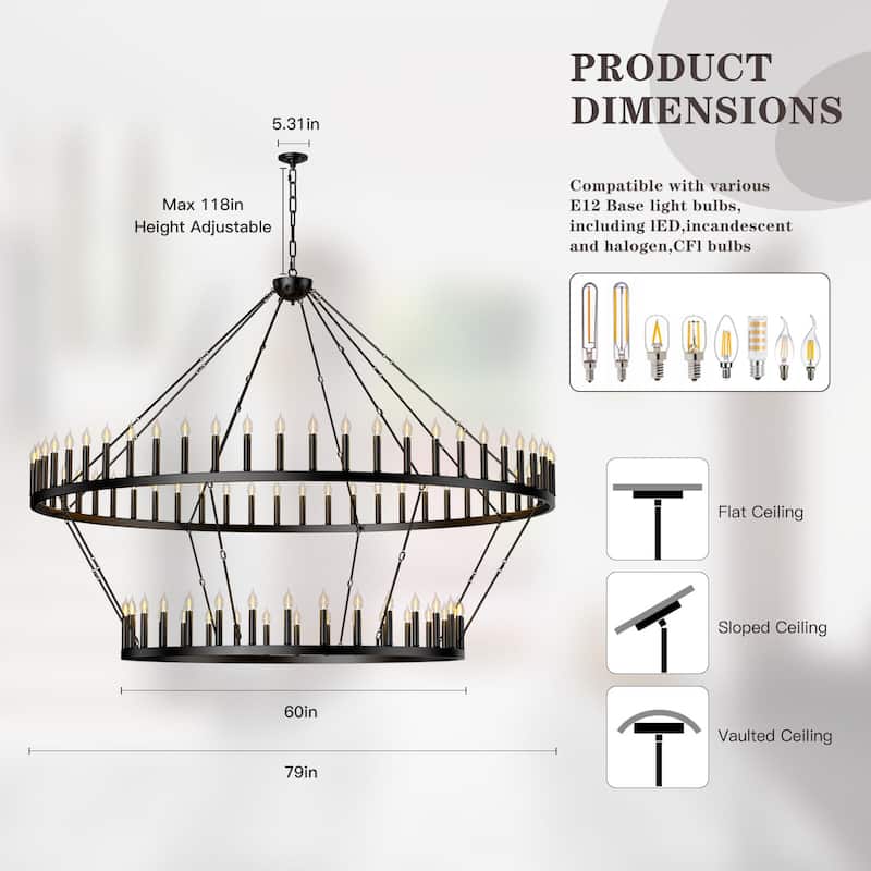 Extra Large Black Wagon Wheel Chandelier - Adjustable Farmhouse Lighting for High Ceilings