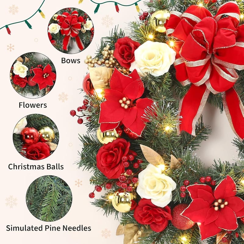 24 Inch Pre-Lit Front Door Christmas Wreath with Red Bow, Lights - N/A