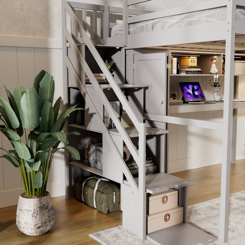 Full Loft Bed with Built-In Wardrobe & Study Desk - Space-Saving Frame with LED Lights & Shelves