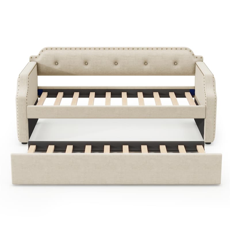 Twin Size Linen Upholstered Daybed Living Room Sofa Bed Frame with Trundle