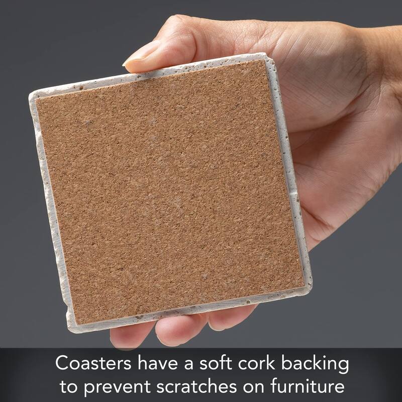 Fern Study 4 Pack Natural Travertine Absorbent Stone Coasters with Protective Cork Backing Manufactured in The USA
