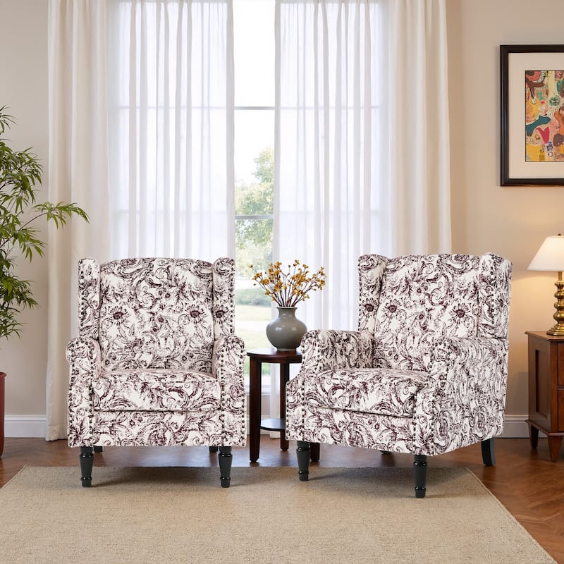 2 Set Traditional Patterned Wingback Accent Chairs with NailHead
