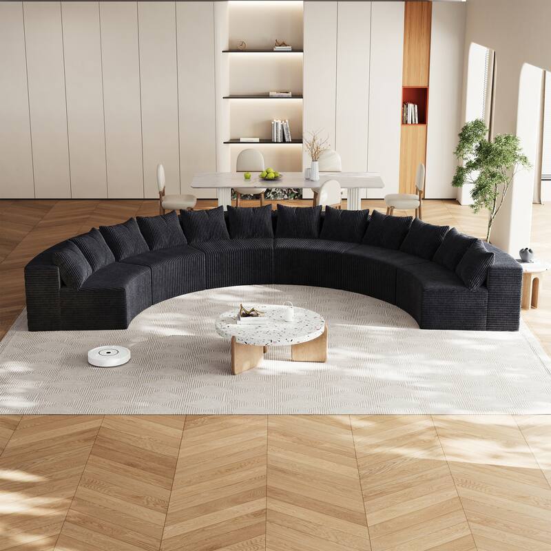 Half Moon Sectional Sofa Convertible Modular Couches Plush Corduroy Sleeper Sofa Bed Symmetrical Loveseat Sofa - Black 6 Seat