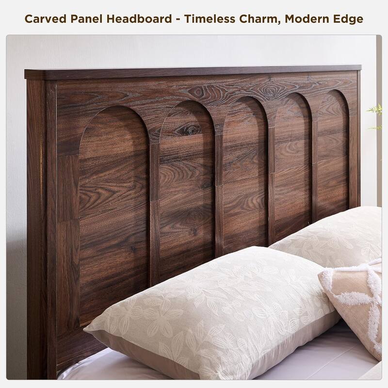 Modern Queen Size Bed Frame, 52" Tall Arched Recessed Headboard