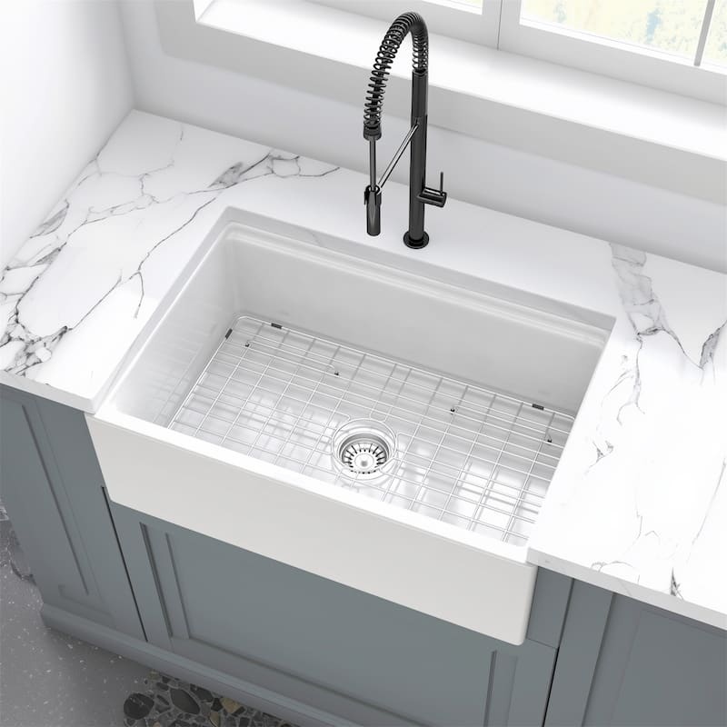 0"x 20"White Workstation Reversible Ceramic Farm Apron Front Kitchen Sink - White
