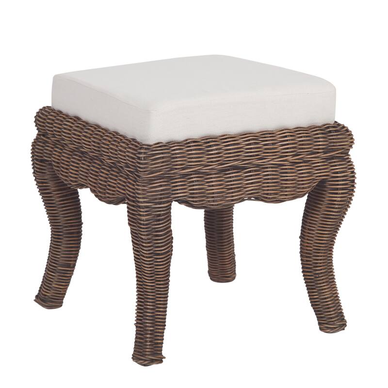Praerie 19.7" Woven Rattan/Wood Vanity Stool, White Cushion with Natural Frame, by JONATHAN Y - 19.68"