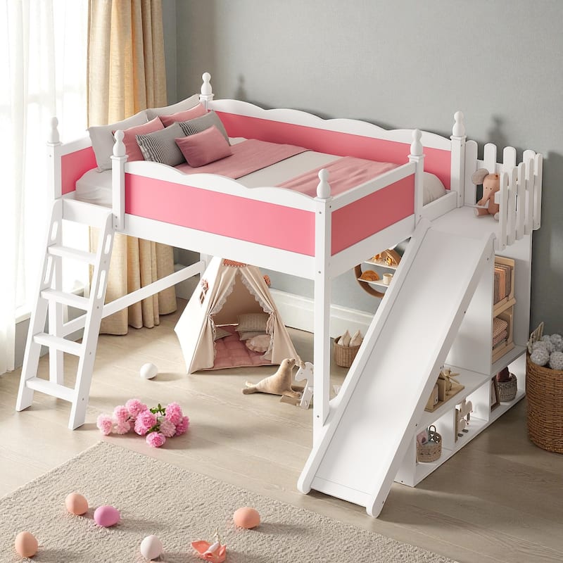 Full/Queen Loft Bed with Storage Shelves, Cabinet & Detachable Slide, Solid Wood Loft Bed with Ladders, No Box Spring