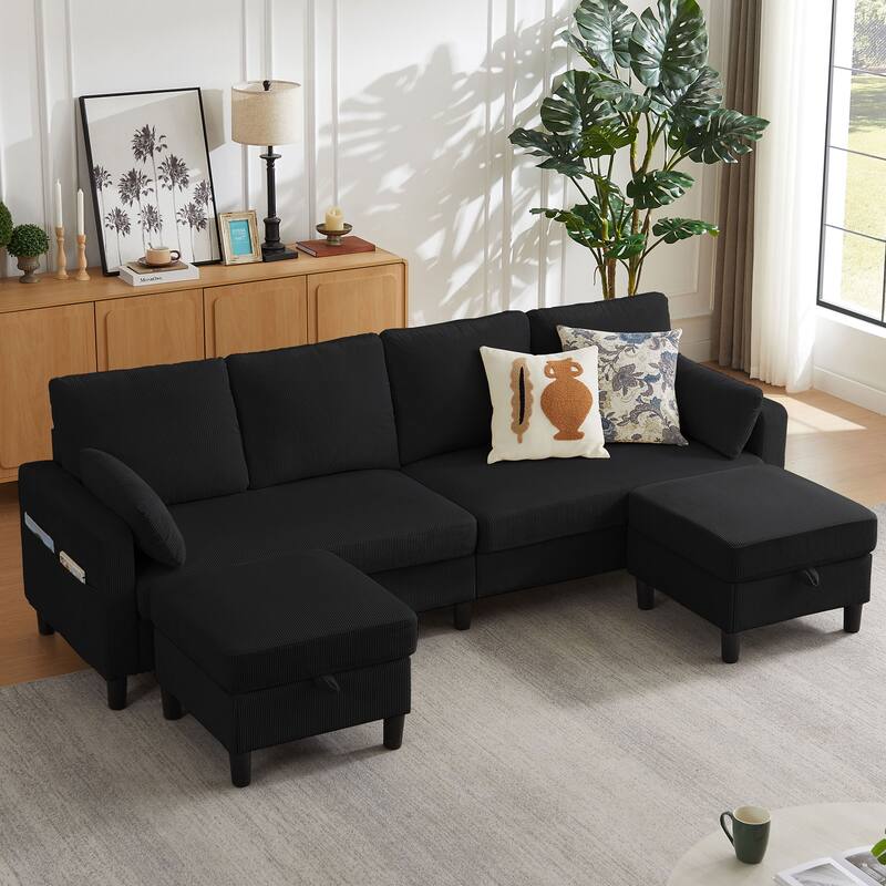 101" Corduroy U Shaped Sectional Sofa with Storage Ottoman