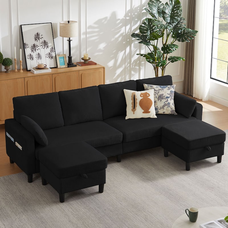 101'' Corduroy Upholstered Sectional Sofa With Storage Ottoman