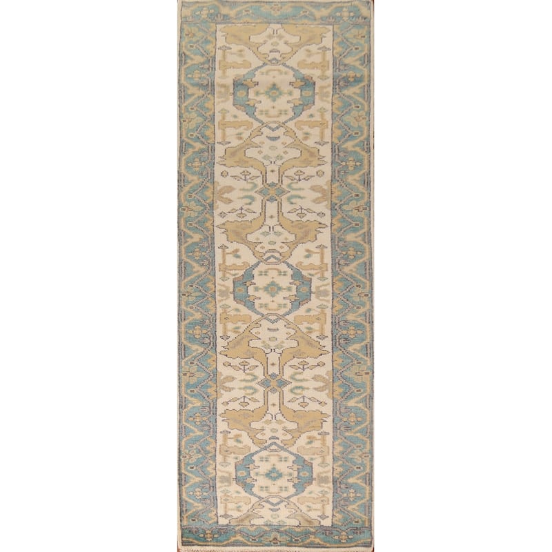 Oushak Oriental Runner Rug Hand-Knotted Floral Wool Carpet - 2'8" x 10'2"