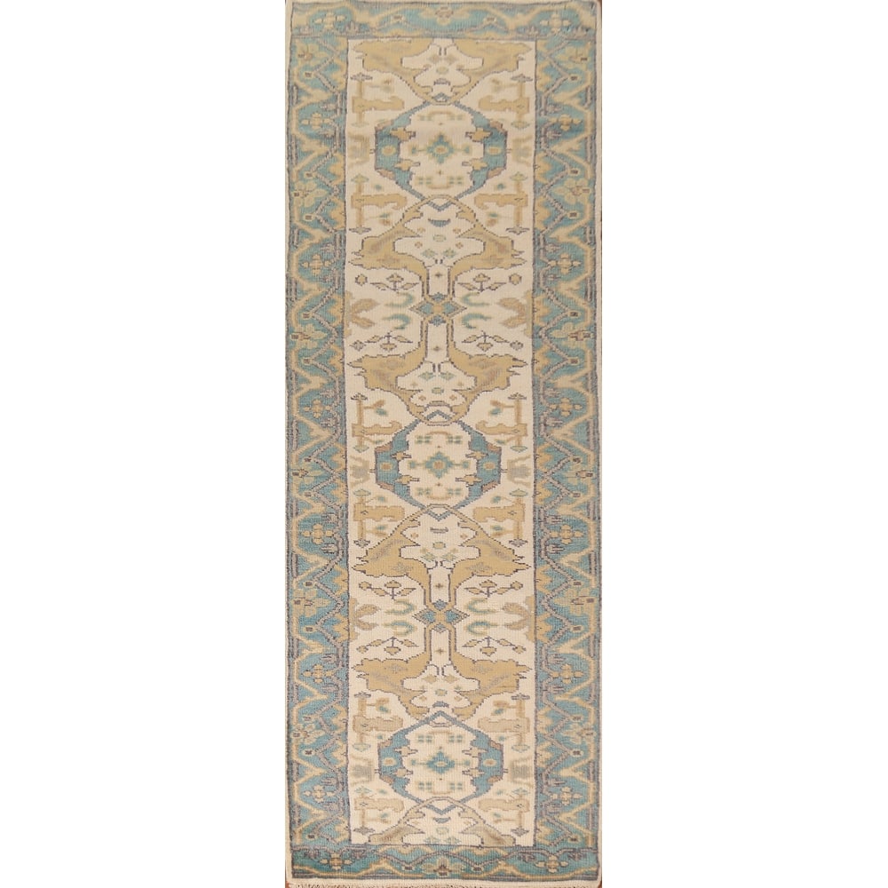 Oushak Oriental Runner Rug Hand-Knotted Floral Wool Carpet - 2'8" x 10'2"