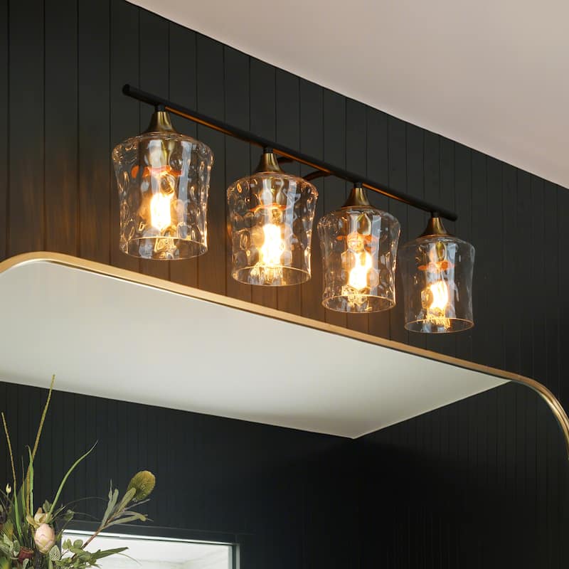Modern Black Gold Bathroom Vanity Light Hammered Glass Wall Sconces Lamps with 1/2/3/4 Lights - 28"
