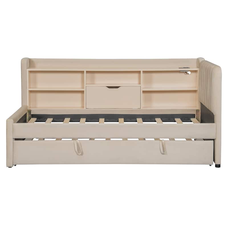 Twin Size Modern Upholstered Platform Bed with USB Ports & Trundle Bed, Floor Storage Daybed with Headboard & Wood Slat Support