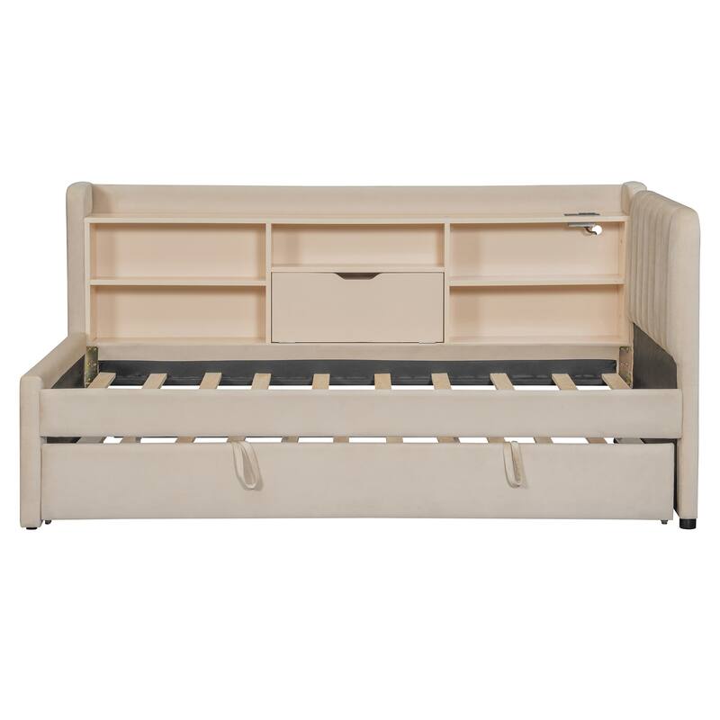 Velvet Upholstered Twin Daybed with Trundle, Storage Shelves & USB Charging (Beige)