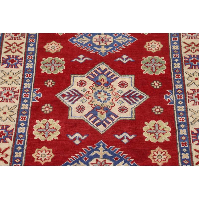 Red Geometric Kazak Oriental Foyer Rug Handmade Wool Carpet - 3'5" x 5'1"
