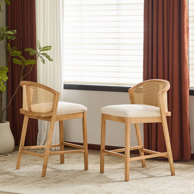 Roomfitters Tatti Indoor Wooden Counter Stools with Rattan Back and Beige Upholstery, Set of 2 - Set of 2