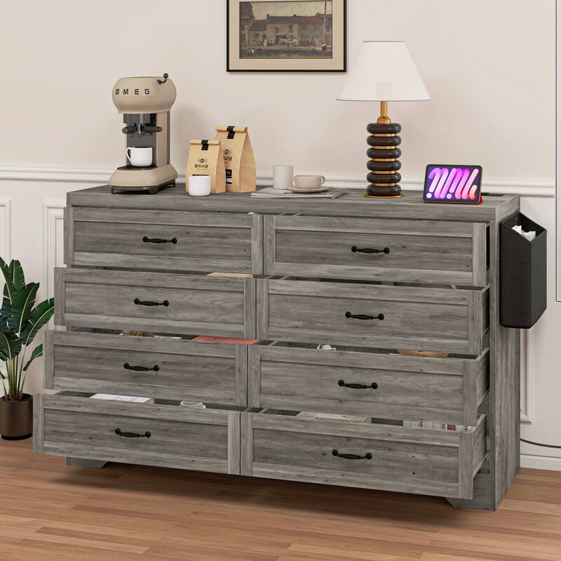 Vintage Double Dresser Chest of Drawers with Charging Station and Side Organizer Bag