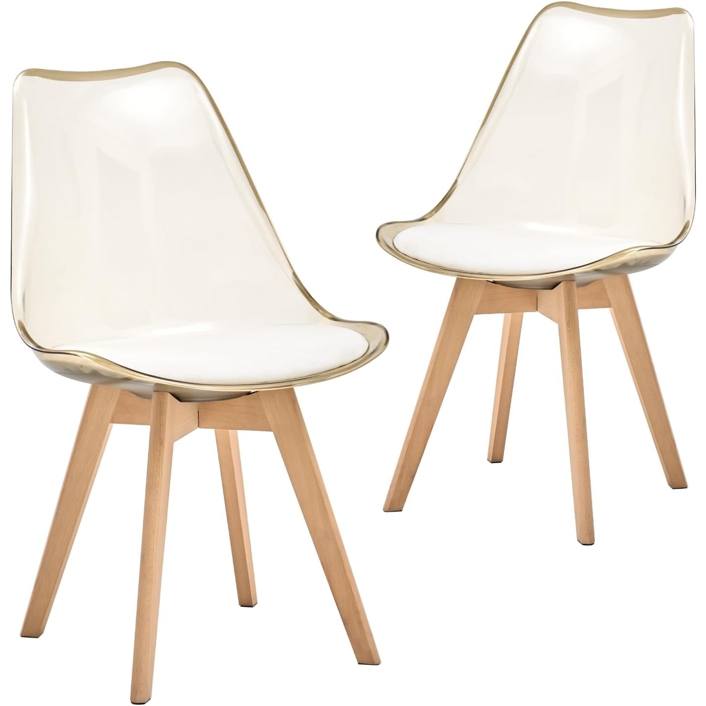 Set of 2 Clear Acrylic Modern Dining Chairs with Padded Seat and Wooden Legs, Light Brown