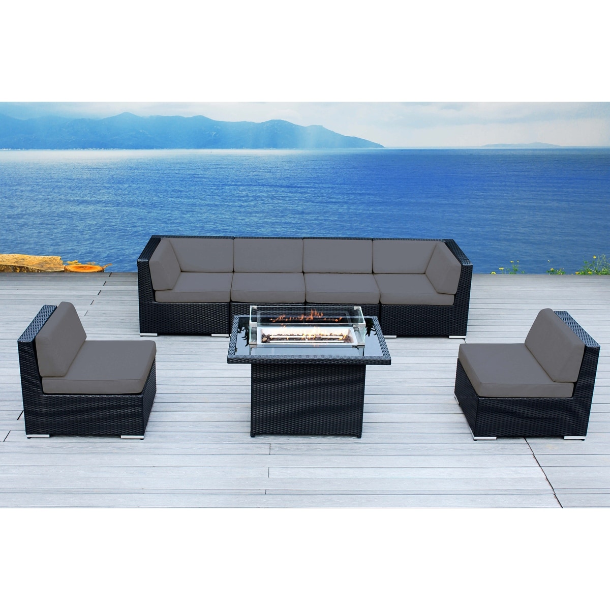 Ohana 7 Piece Black Wicker Patio Sectional Set with Fire Table