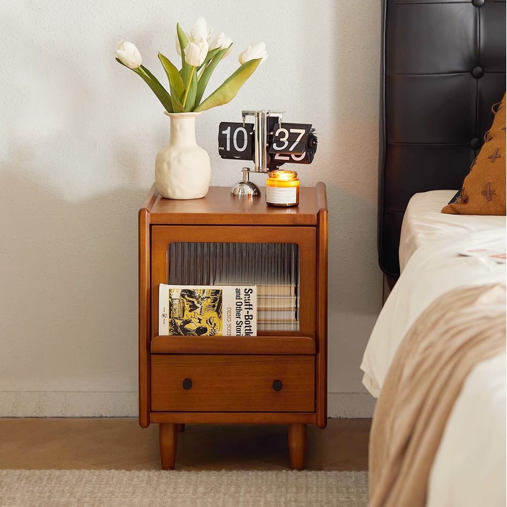 Traditional Vintage Pine Glass Nightstand 2-Drawer For Bedroom