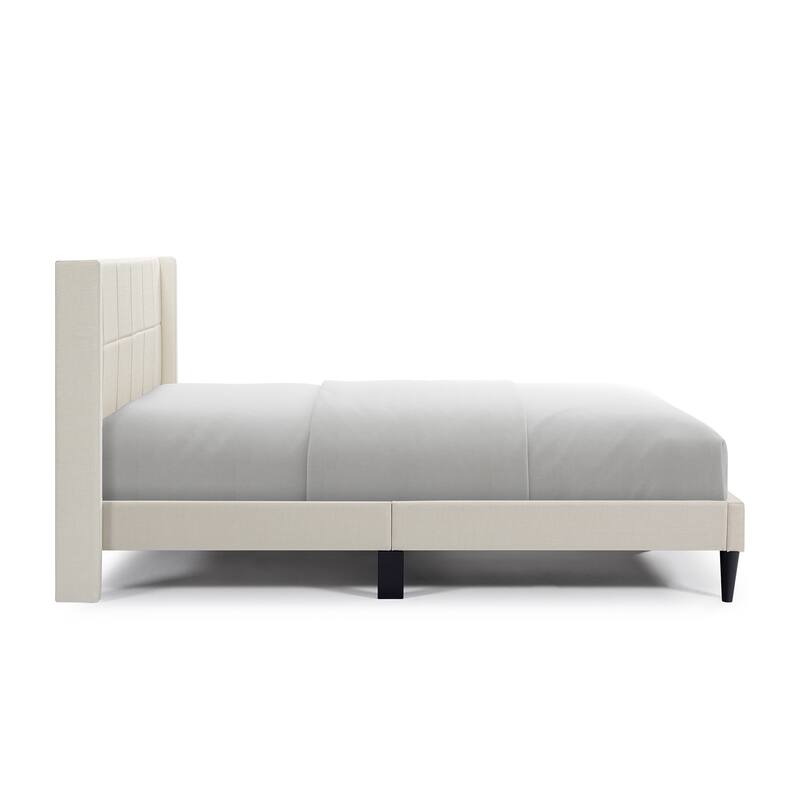 Queen Bed Frame with Wingback/Linen Upholstered Platform Bed with Square Stitched Headboard/Wood Slats Support/Solid Wood Legs