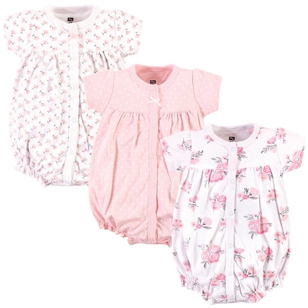 slide 1 of 1, Hudson Baby Infant Girl Cotton Rompers 3pk, Pink Floral 12 - 18 Months - Pink