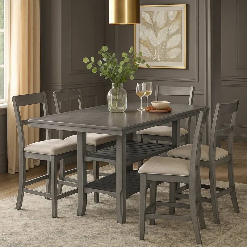 Suzy Counter-Height Table, 2 Slatted Shelves, Gray Rubberwood, 64 Inch