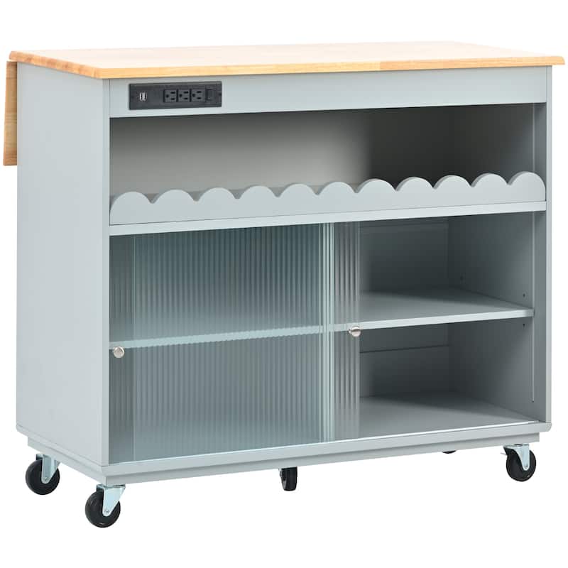 44 in. W Kitchen Island Rubberwood Drop-Leaf Countertop on 5 Wheels with Open Shelf and Wine Rack - 44''