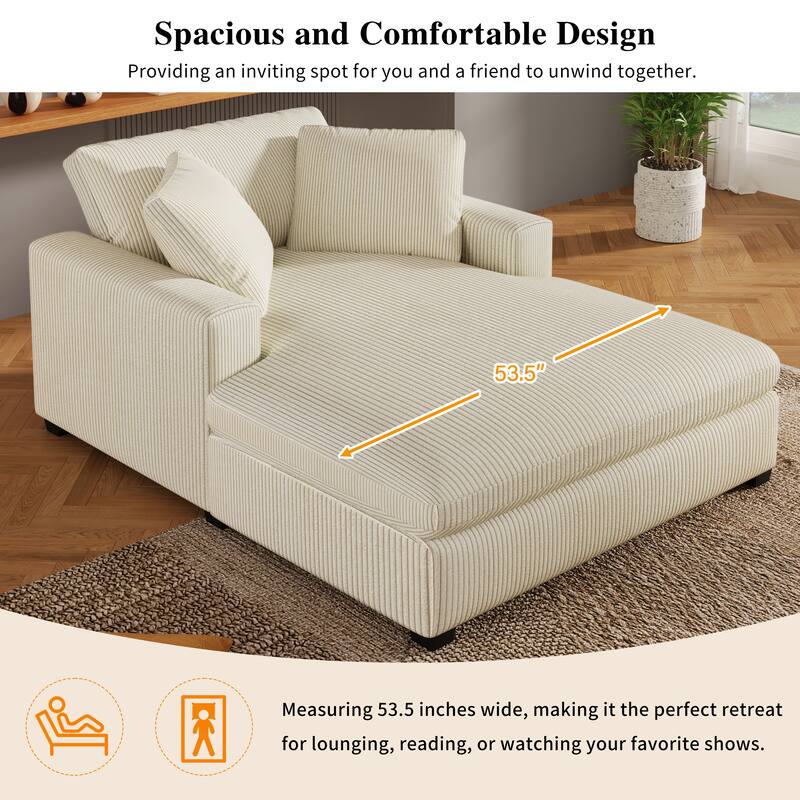 Beige Modern 53.5" Chaise Lounge Chair with Solid Wood Legs and Pillows for Living Room